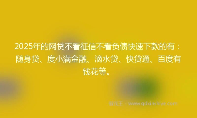 2025年的网贷不看征信不看负债快速下款的有：随身贷、度小满金融、滴水贷、快贷通、百度有钱花等。