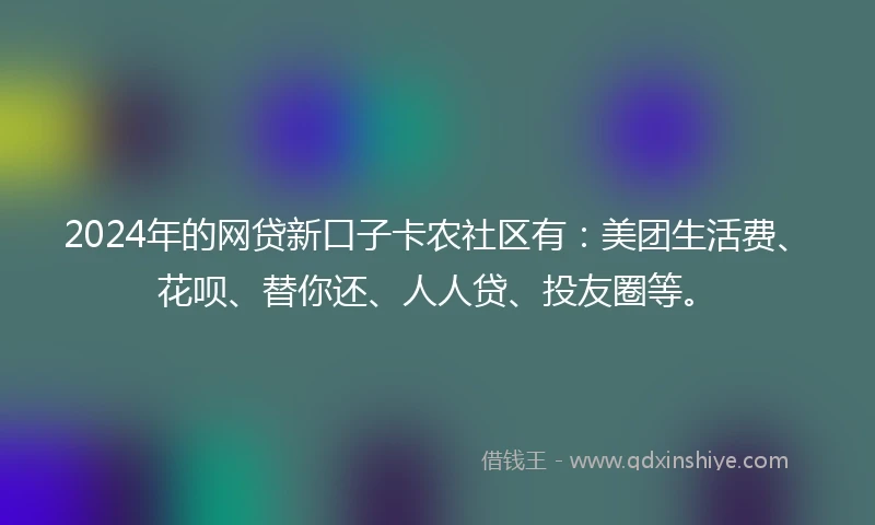 2024年的网贷新口子卡农社区有：美团生活费、花呗、替你还、人人贷、投友圈等。