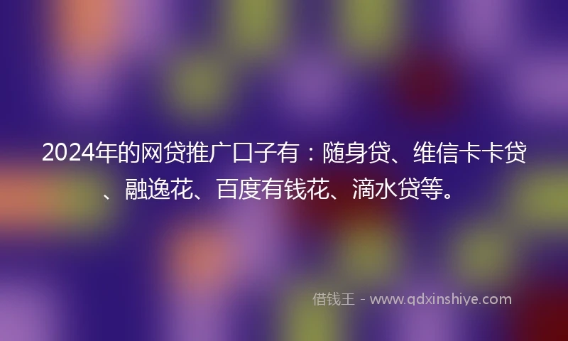 2024年的网贷推广口子有：随身贷、维信卡卡贷、融逸花、百度有钱花、滴水贷等。