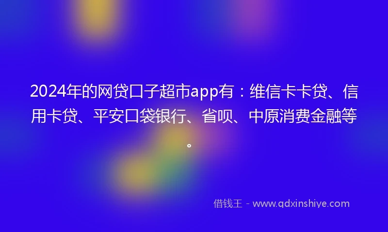 2024年的网贷口子超市app有：维信卡卡贷、信用卡贷、平安口袋银行、省呗、中原消费金融等。