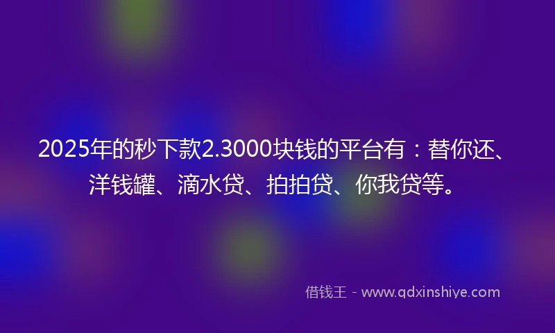 2025年的秒下款2.3000块钱的平台有：替你还、洋钱罐、滴水贷、拍拍贷、你我贷等。