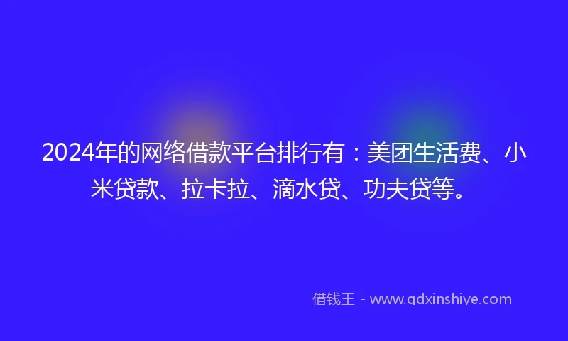 2024年的网络借款平台排行有：美团生活费、小米贷款、拉卡拉、滴水贷、功夫贷等。
