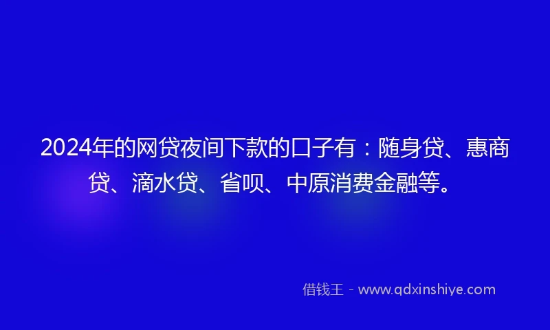 2024年的网贷夜间下款的口子有：随身贷、惠商贷、滴水贷、省呗、中原消费金融等。
