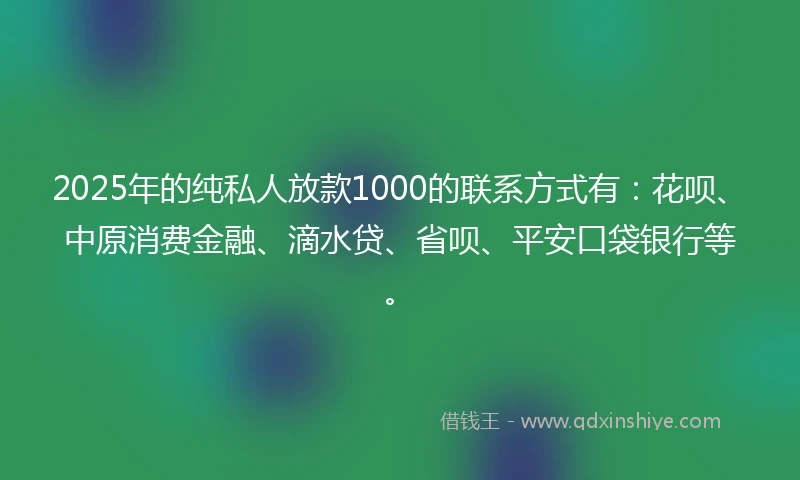 2025年的纯私人放款1000的联系方式有：花呗、中原消费金融、滴水贷、省呗、平安口袋银行等。
