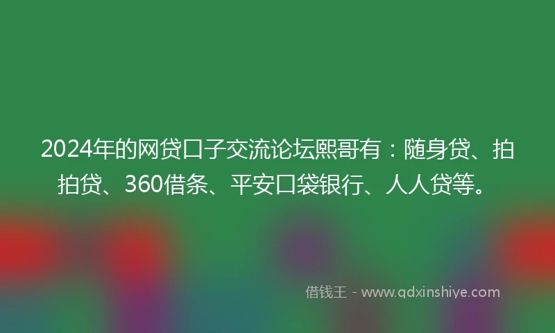 2024年的网贷口子交流论坛熙哥有：随身贷、拍拍贷、360借条、平安口袋银行、人人贷等。