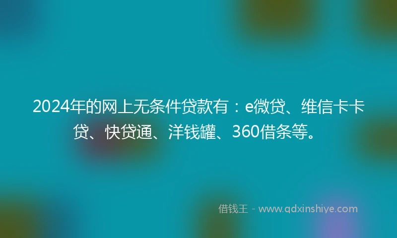 2024年的网上无条件贷款有：e微贷、维信卡卡贷、快贷通、洋钱罐、360借条等。