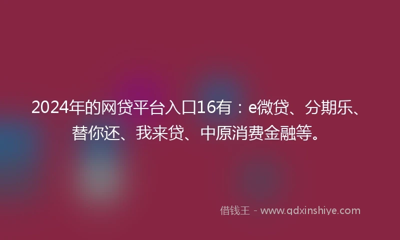 2024年的网贷平台入口16有：e微贷、分期乐、替你还、我来贷、中原消费金融等。