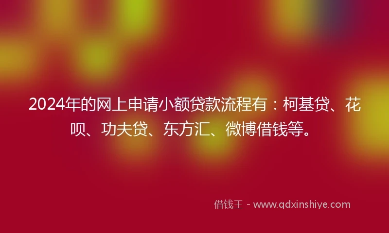 2024年的网上申请小额贷款流程有：柯基贷、花呗、功夫贷、东方汇、微博借钱等。
