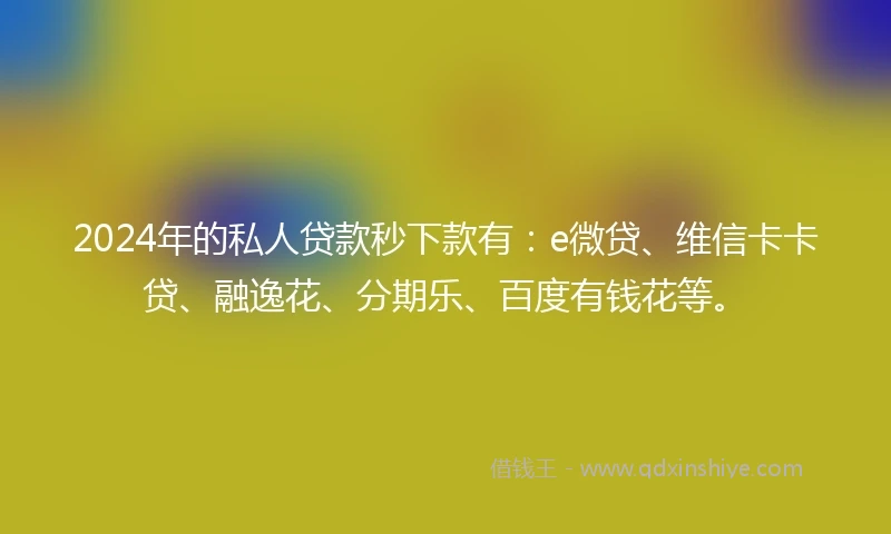 2024年的私人贷款秒下款有：e微贷、维信卡卡贷、融逸花、分期乐、百度有钱花等。