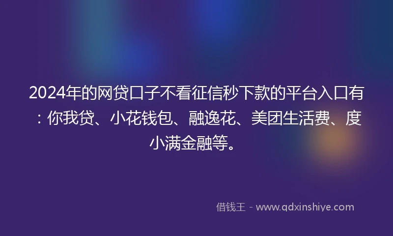2024年的网贷口子不看征信秒下款的平台入口有：你我贷、小花钱包、融逸花、美团生活费、度小满金融等。