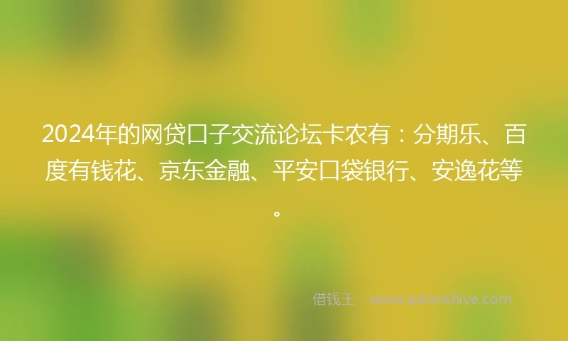 2024年的网贷口子交流论坛卡农有：分期乐、百度有钱花、京东金融、平安口袋银行、安逸花等。
