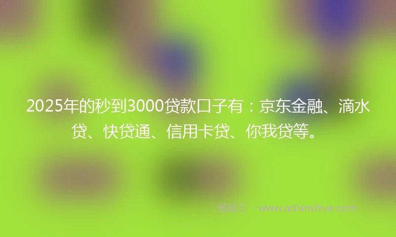 2025年的秒到3000贷款口子有：京东金融、滴水贷、快贷通、信用卡贷、你我贷等。