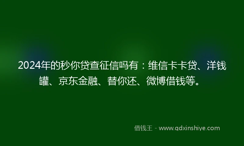 2024年的秒你贷查征信吗有：维信卡卡贷、洋钱罐、京东金融、替你还、微博借钱等。