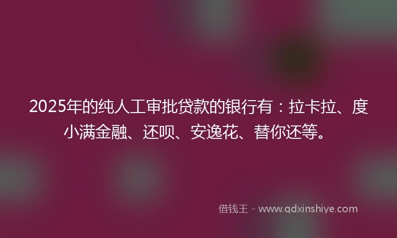 2025年的纯人工审批贷款的银行有：拉卡拉、度小满金融、还呗、安逸花、替你还等。