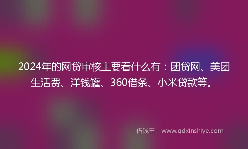 2024年的网贷审核主要看什么有：团贷网、美团生活费、洋钱罐、360借条、小米贷款等。