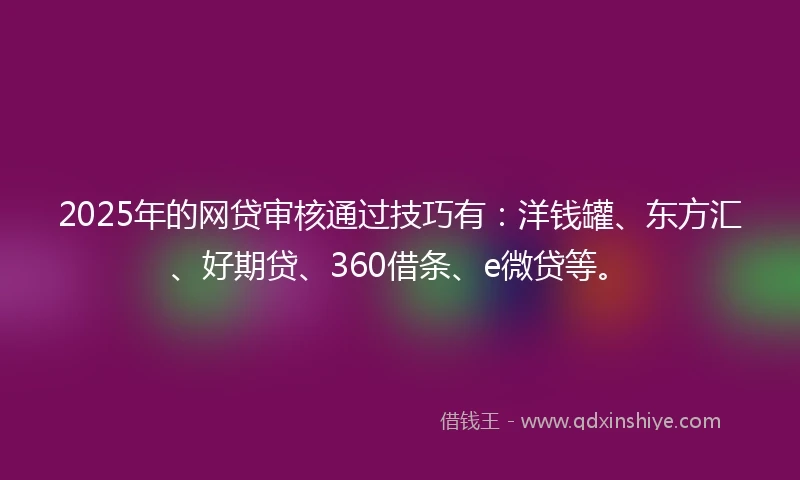 2025年的网贷审核通过技巧有：洋钱罐、东方汇、好期贷、360借条、e微贷等。