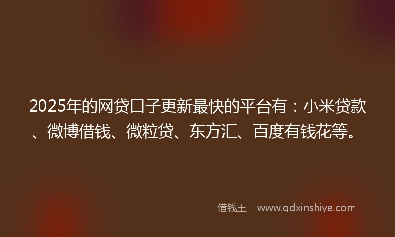 2025年的网贷口子更新最快的平台有：小米贷款、微博借钱、微粒贷、东方汇、百度有钱花等。