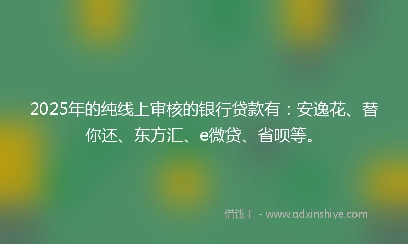 2025年的纯线上审核的银行贷款有：安逸花、替你还、东方汇、e微贷、省呗等。