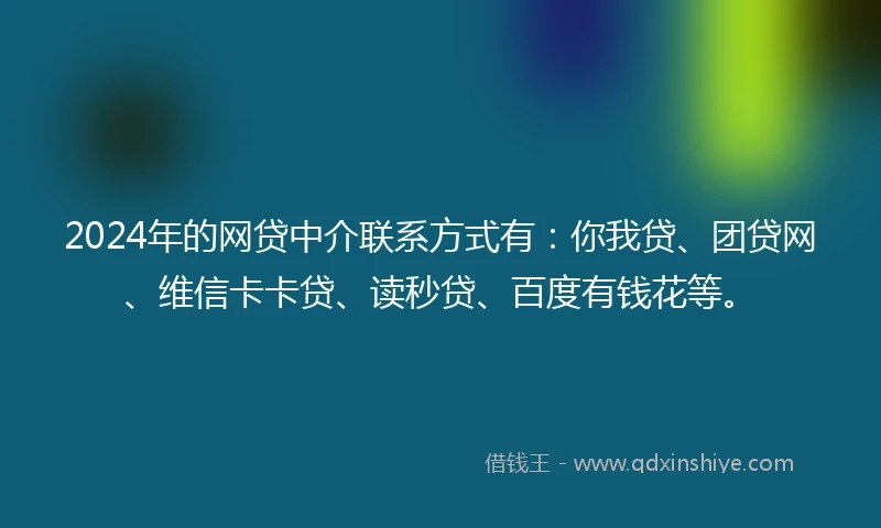 2024年的网贷中介联系方式有：你我贷、团贷网、维信卡卡贷、读秒贷、百度有钱花等。