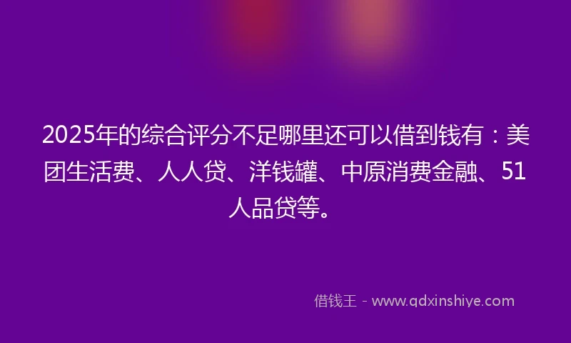 2025年的综合评分不足哪里还可以借到钱有：美团生活费、人人贷、洋钱罐、中原消费金融、51人品贷等。