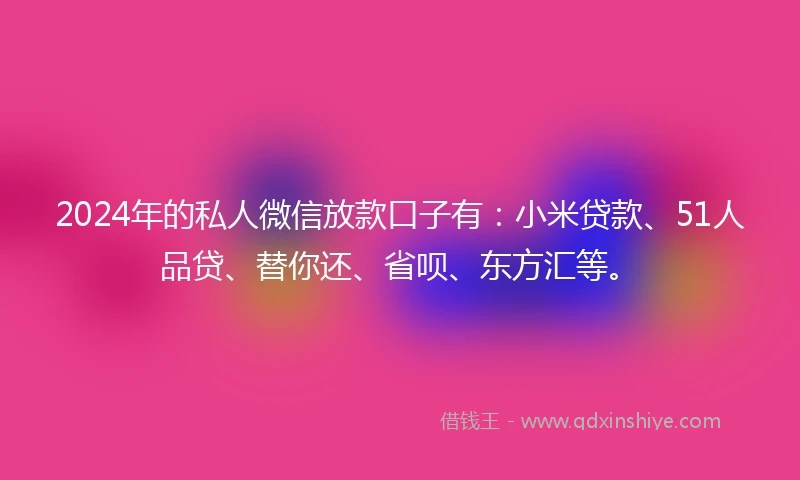 2024年的私人微信放款口子有：小米贷款、51人品贷、替你还、省呗、东方汇等。