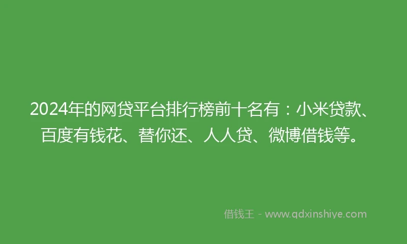 2024年的网贷平台排行榜前十名有：小米贷款、百度有钱花、替你还、人人贷、微博借钱等。