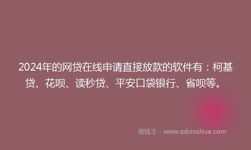 2024年的网贷在线申请直接放款的软件有：柯基贷、花呗、读秒贷、平安口袋银行、省呗等。