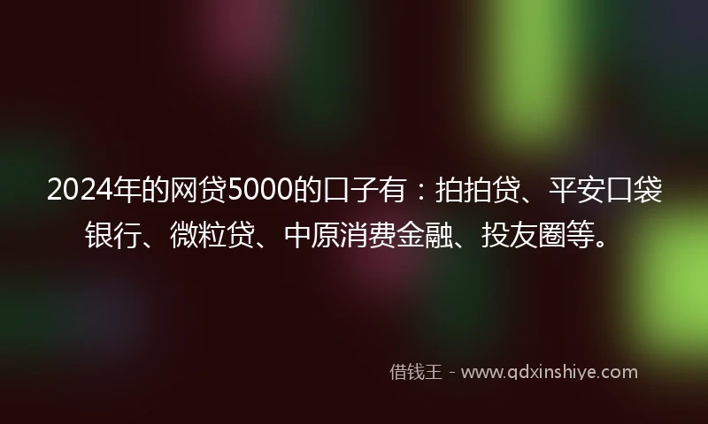 2024年的网贷5000的口子有：拍拍贷、平安口袋银行、微粒贷、中原消费金融、投友圈等。
