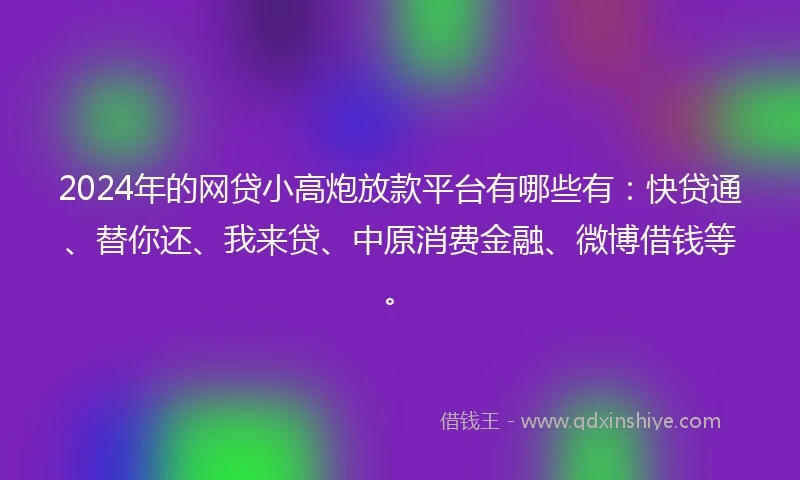 2024年的网贷小高炮放款平台有哪些有：快贷通、替你还、我来贷、中原消费金融、微博借钱等。