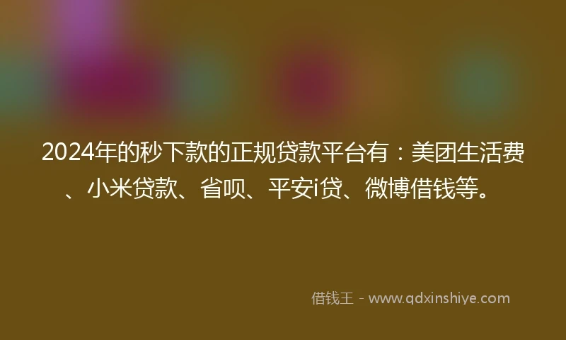 2024年的秒下款的正规贷款平台有：美团生活费、小米贷款、省呗、平安i贷、微博借钱等。