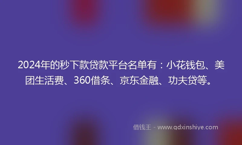 2024年的秒下款贷款平台名单有：小花钱包、美团生活费、360借条、京东金融、功夫贷等。