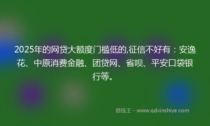 2025年的网贷大额度门槛低的,征信不好有：安逸花、中原消费金融、团贷网、省呗、平安口袋银行等。