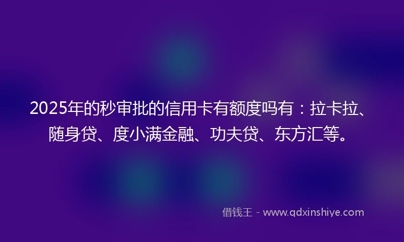 2025年的秒审批的信用卡有额度吗有：拉卡拉、随身贷、度小满金融、功夫贷、东方汇等。