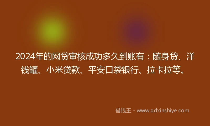 2024年的网贷审核成功多久到账有：随身贷、洋钱罐、小米贷款、平安口袋银行、拉卡拉等。