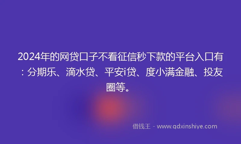 2024年的网贷口子不看征信秒下款的平台入口有：分期乐、滴水贷、平安i贷、度小满金融、投友圈等。