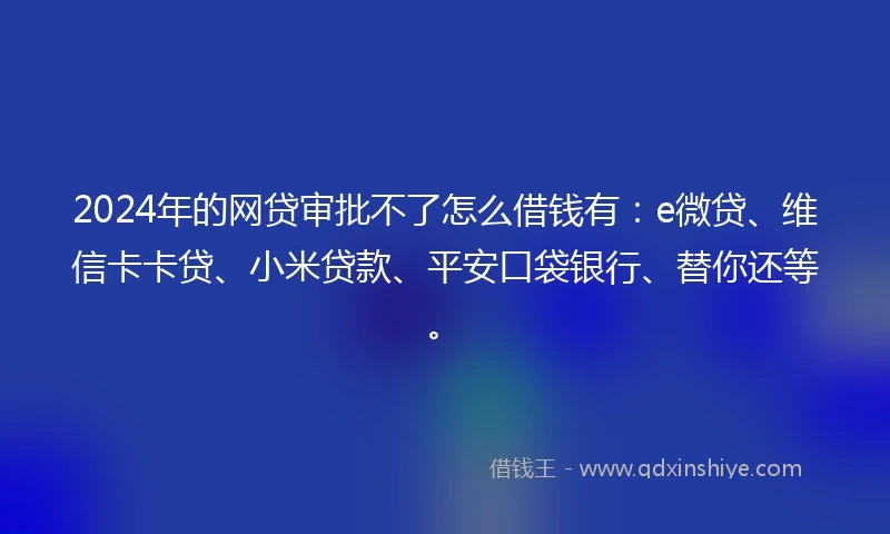 2024年的网贷审批不了怎么借钱有：e微贷、维信卡卡贷、小米贷款、平安口袋银行、替你还等。
