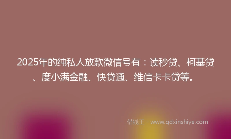 2025年的纯私人放款微信号有：读秒贷、柯基贷、度小满金融、快贷通、维信卡卡贷等。