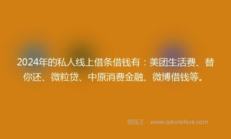 2024年的私人线上借条借钱有：美团生活费、替你还、微粒贷、中原消费金融、微博借钱等。