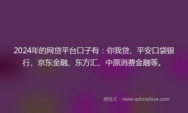 2024年的网贷平台口子有：你我贷、平安口袋银行、京东金融、东方汇、中原消费金融等。