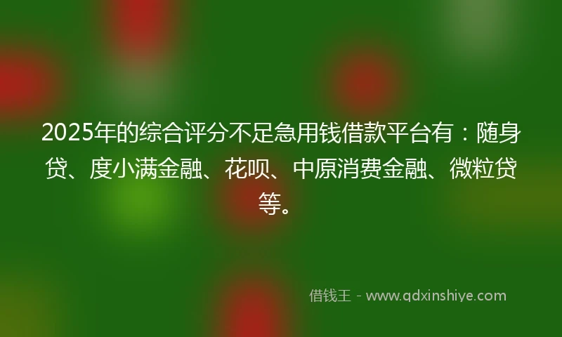 2025年的综合评分不足急用钱借款平台有：随身贷、度小满金融、花呗、中原消费金融、微粒贷等。