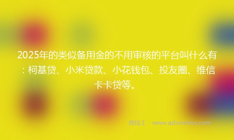 2025年的类似备用金的不用审核的平台叫什么有：柯基贷、小米贷款、小花钱包、投友圈、维信卡卡贷等。