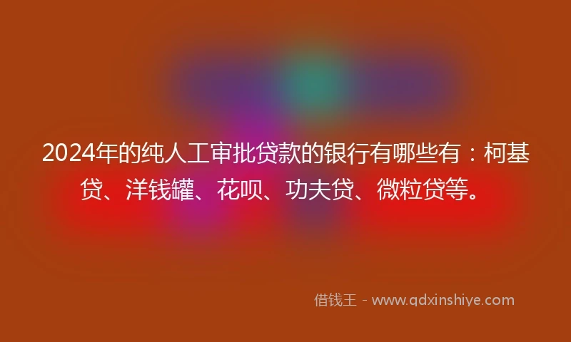 2024年的纯人工审批贷款的银行有哪些有：柯基贷、洋钱罐、花呗、功夫贷、微粒贷等。