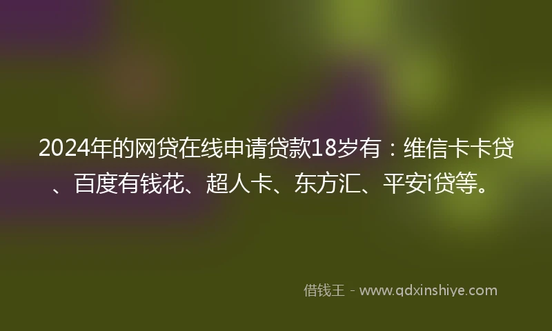2024年的网贷在线申请贷款18岁有：维信卡卡贷、百度有钱花、超人卡、东方汇、平安i贷等。
