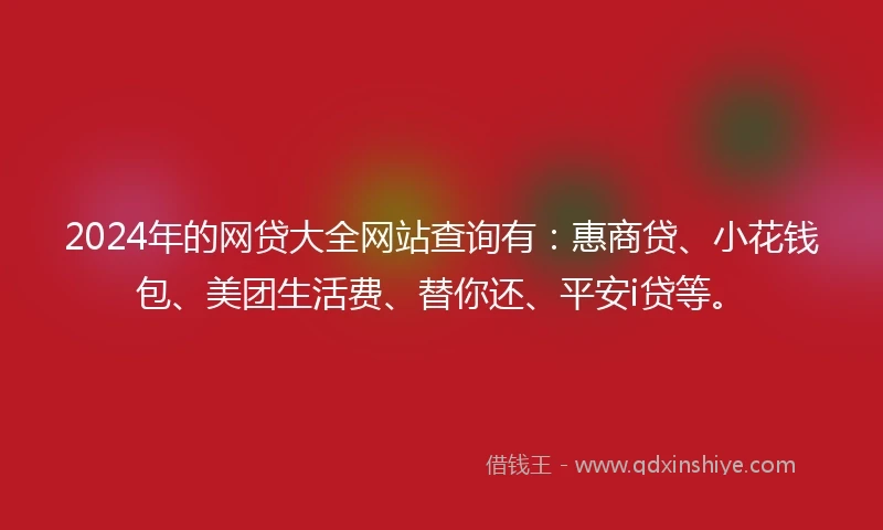 2024年的网贷大全网站查询有：惠商贷、小花钱包、美团生活费、替你还、平安i贷等。