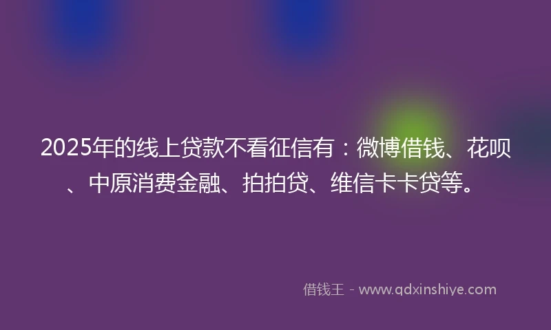 2025年的线上贷款不看征信有：微博借钱、花呗、中原消费金融、拍拍贷、维信卡卡贷等。