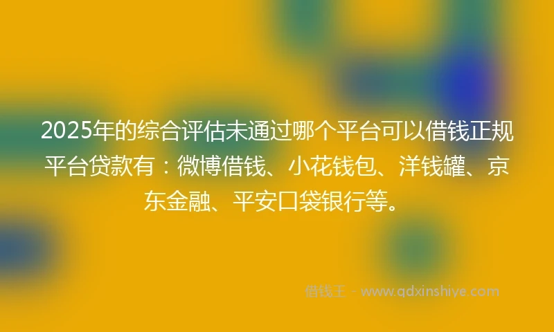 2025年的综合评估未通过哪个平台可以借钱正规平台贷款有：微博借钱、小花钱包、洋钱罐、京东金融、平安口袋银行等。