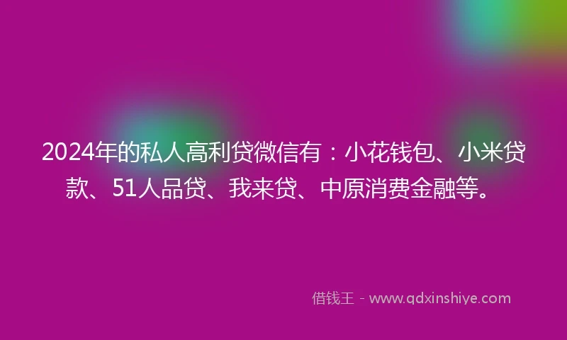 2024年的私人高利贷微信有：小花钱包、小米贷款、51人品贷、我来贷、中原消费金融等。