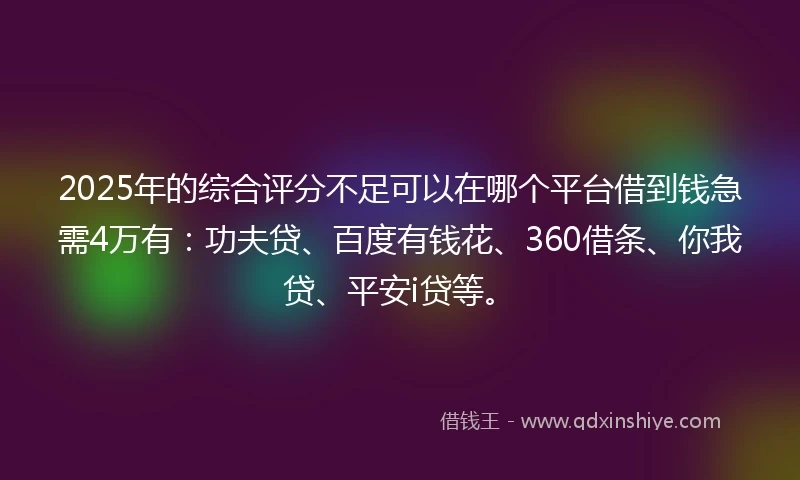 2025年的综合评分不足可以在哪个平台借到钱急需4万有：功夫贷、百度有钱花、360借条、你我贷、平安i贷等。