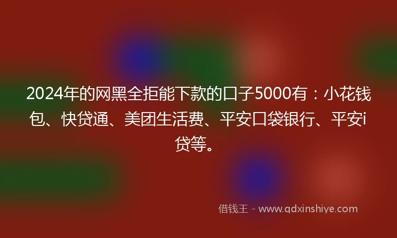 2024年的网黑全拒能下款的口子5000有：小花钱包、快贷通、美团生活费、平安口袋银行、平安i贷等。