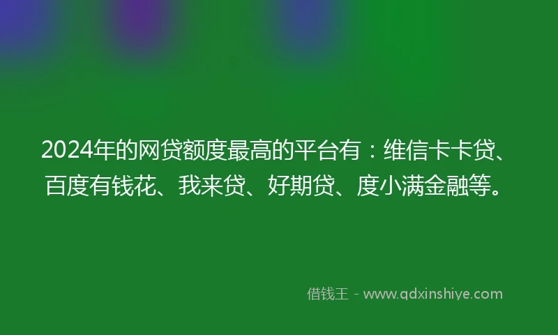 2024年的网贷额度最高的平台有：维信卡卡贷、百度有钱花、我来贷、好期贷、度小满金融等。
